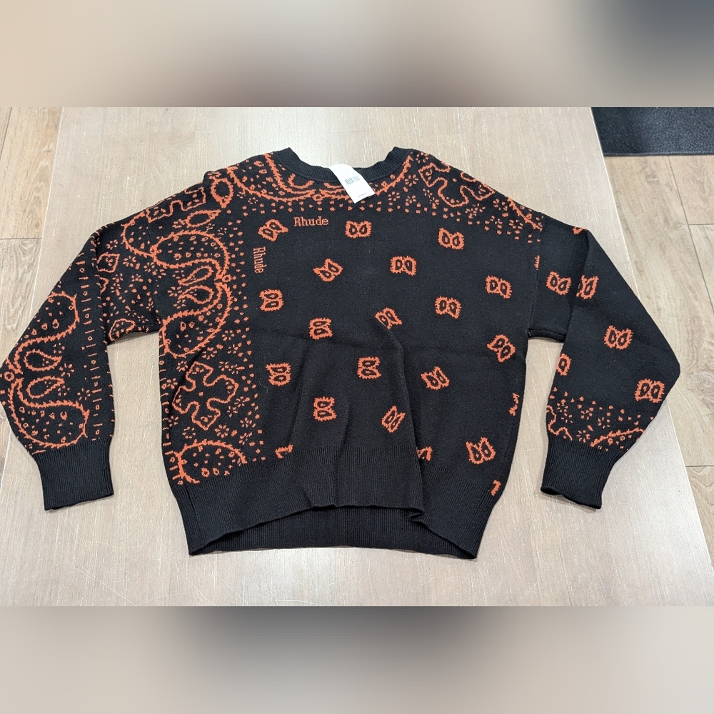$1469 Mens RHUDE Bandana Knit Cotton/Cashmere Sweater Black/Orange Medium